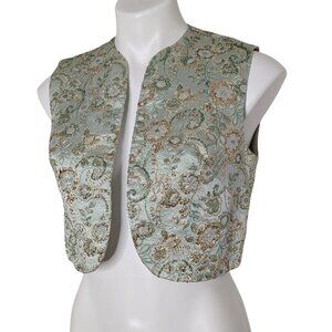 VTG Green Gold Embroidered Brocade Floral Vest Metallic 50s 60s Crop Length
